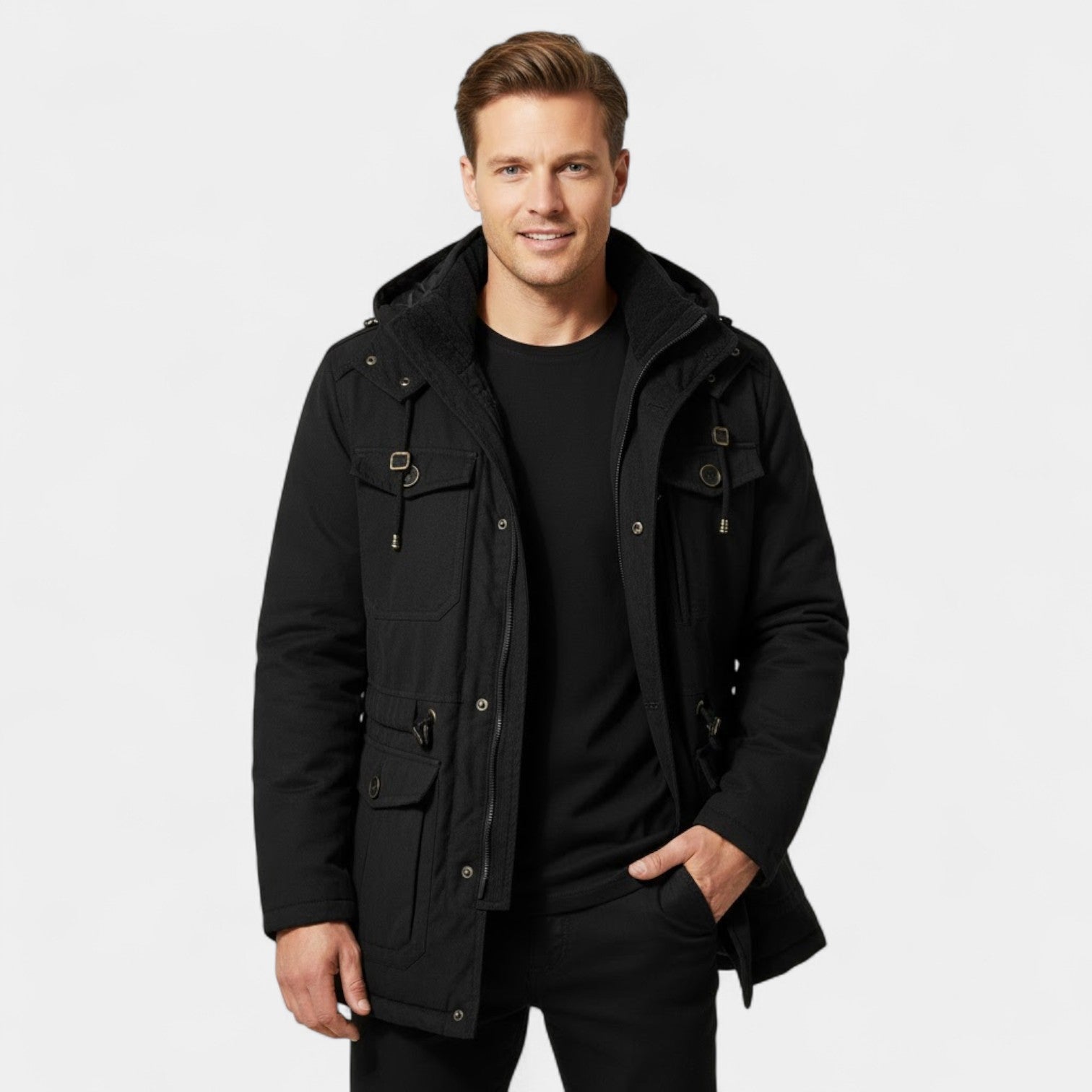 Havholm | Herre Vatteret Jakke med Fleecefor og Hætte, Mellemlang