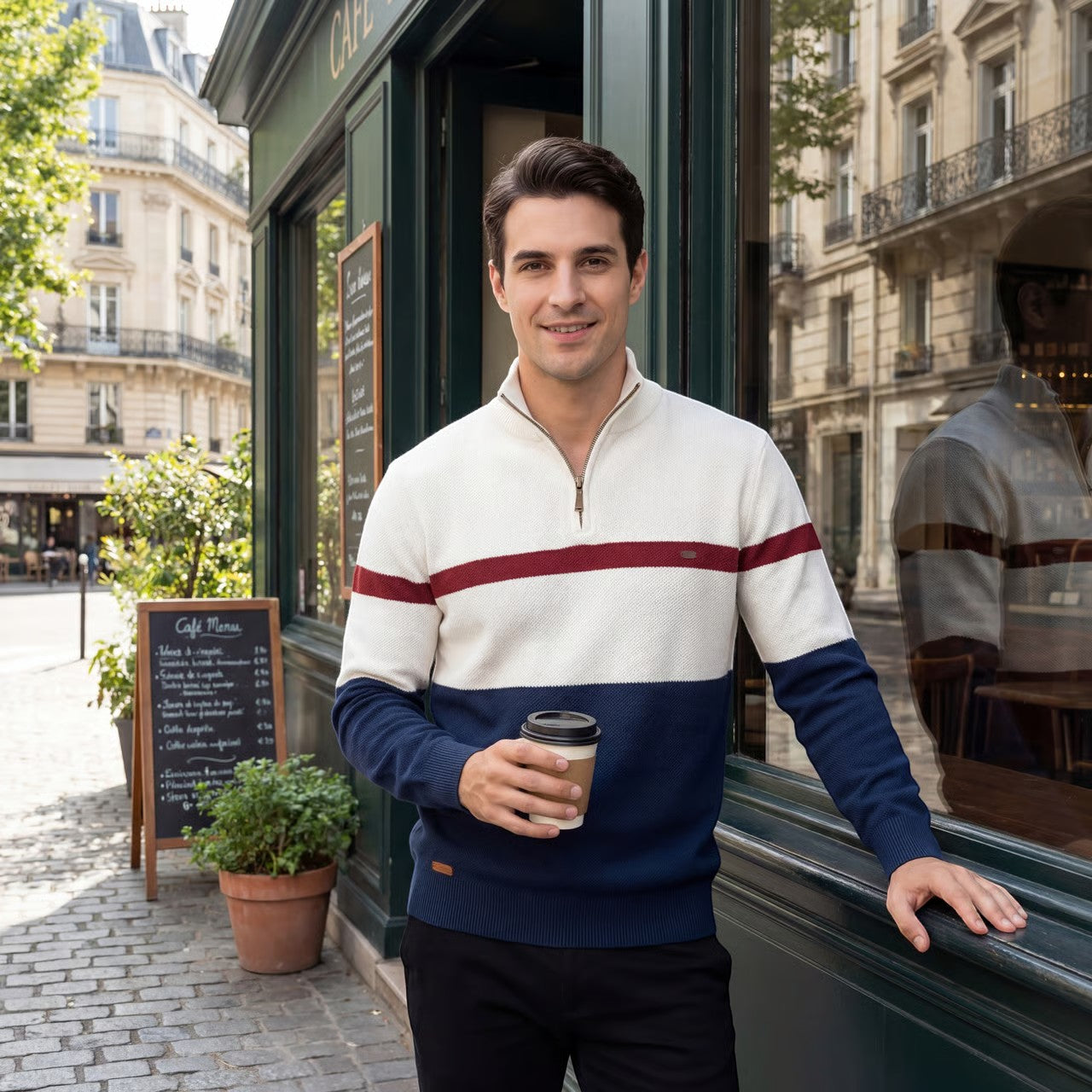 Havholm | Strikket half-zip sweater i bomuld med color block til mænd