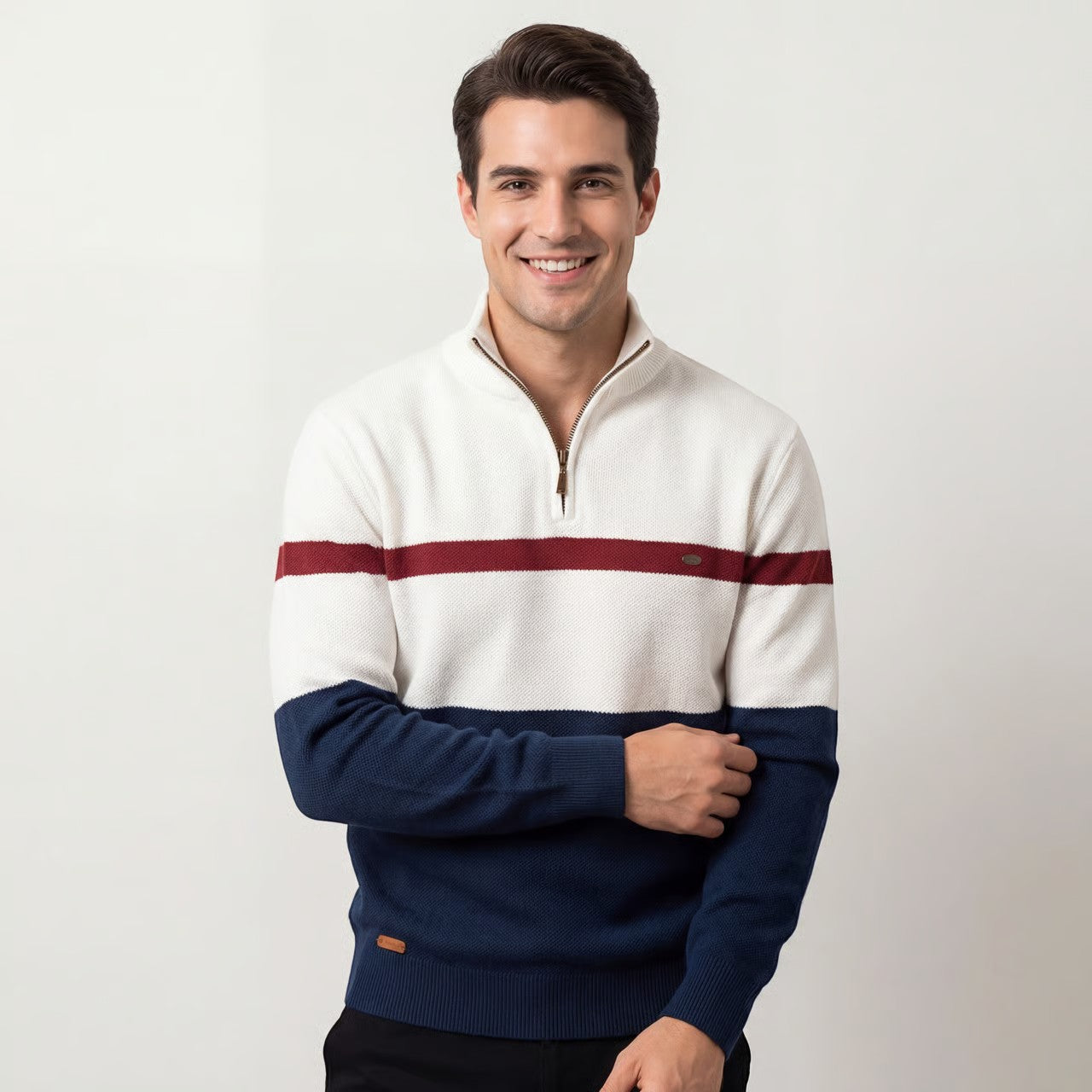 Havholm | Strikket half-zip sweater i bomuld med color block til mænd